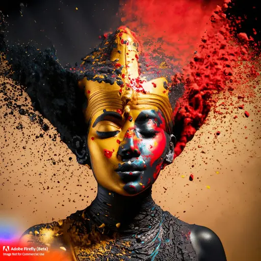 Firefly_picture+of colorful mud explosions and paint splashes and splitters but as nefertiti, black red and gold_photo,dramatic_light_72922